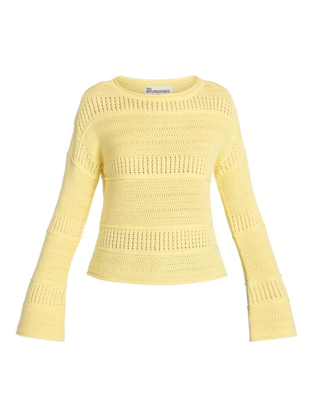 No Boundaries Women's Soft Pastel Yellow Open-Knit Crewneck Sweater